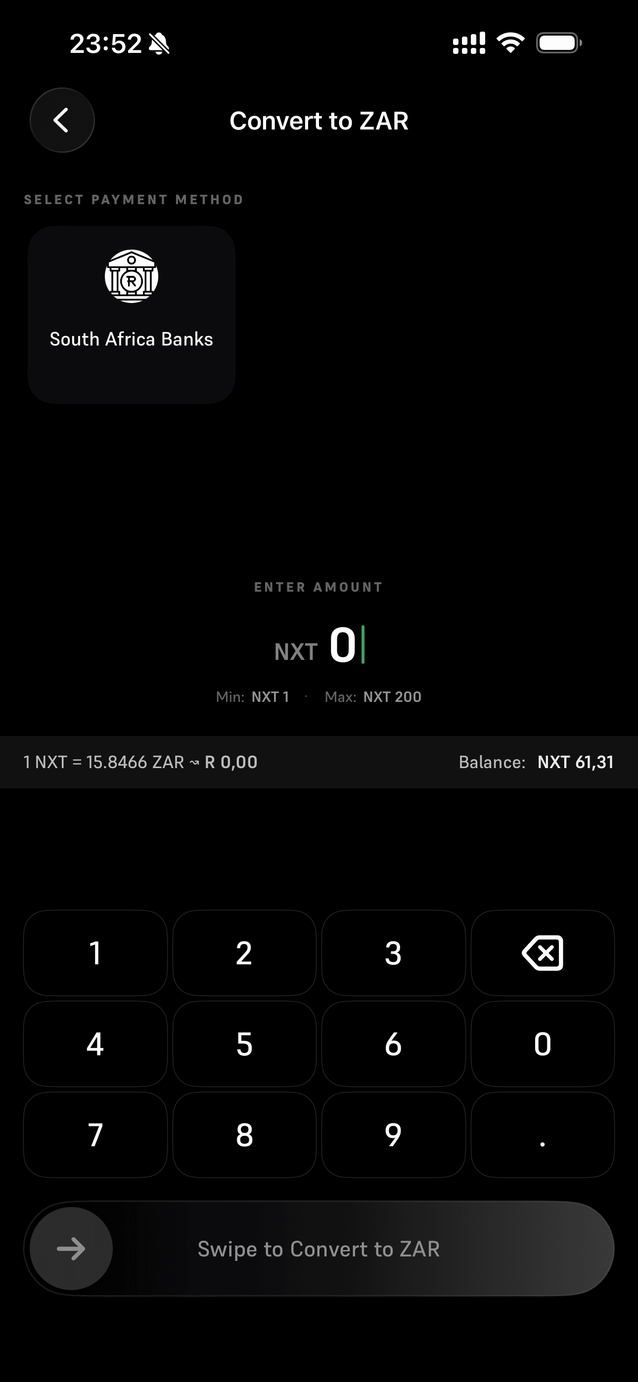 Cash out screen in NXT Pay