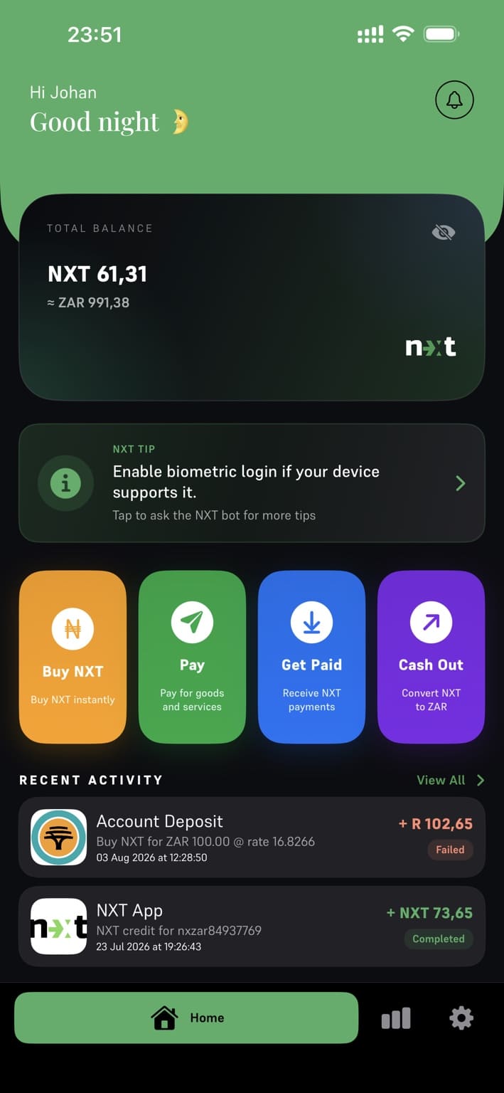 NXT Pay app home screen