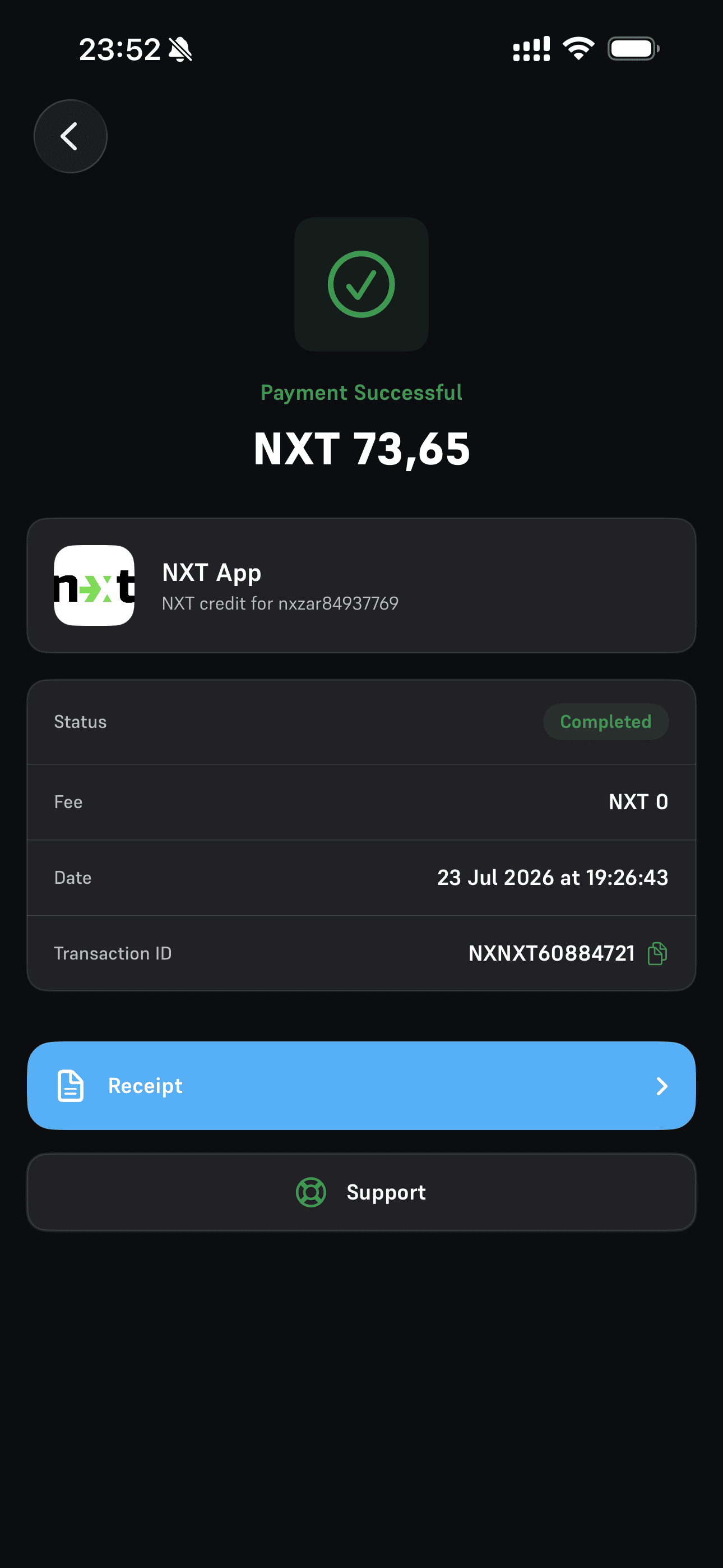Successful NXT Pay payment