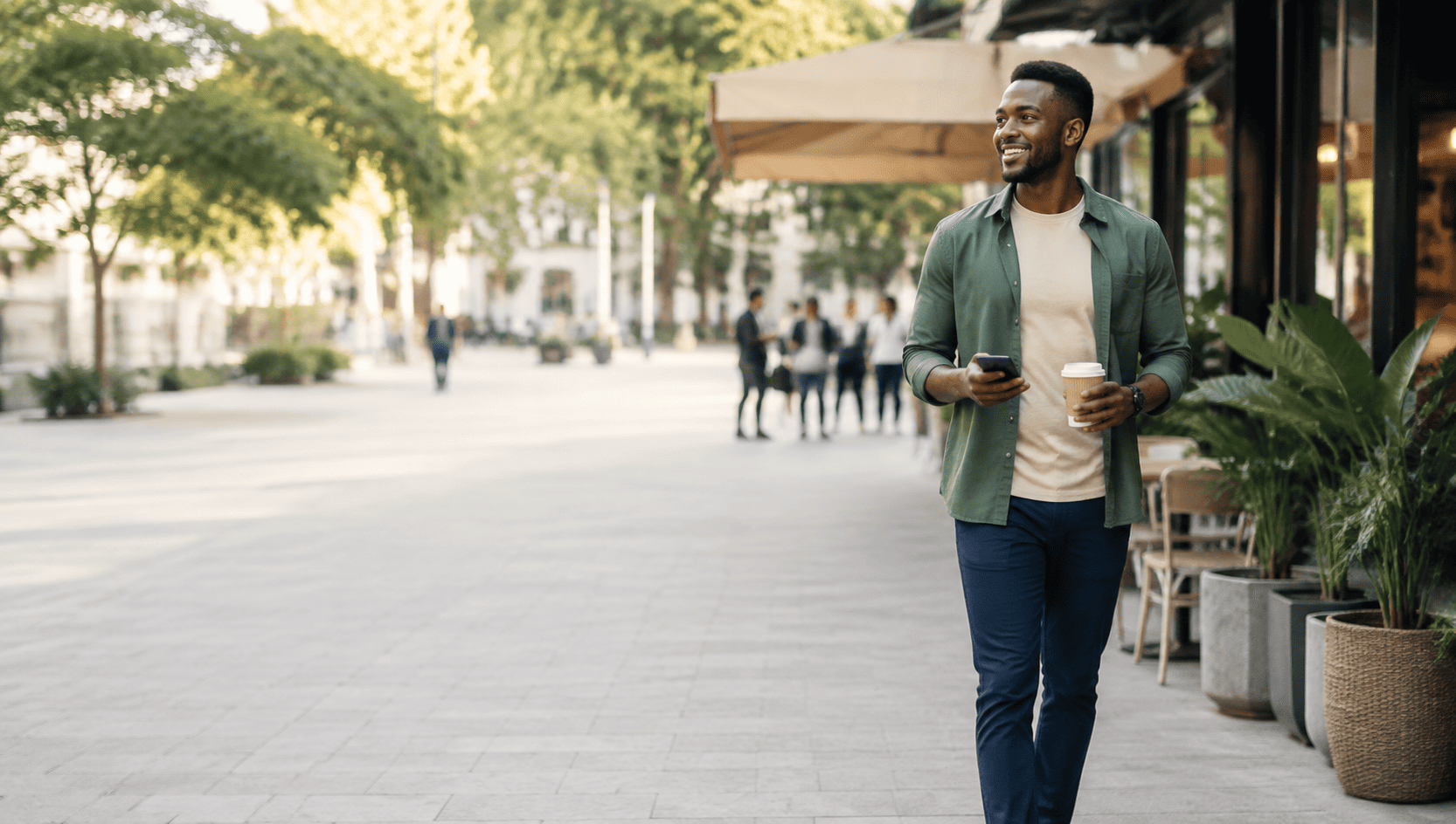 NXT Pay customer using a phone in a modern city